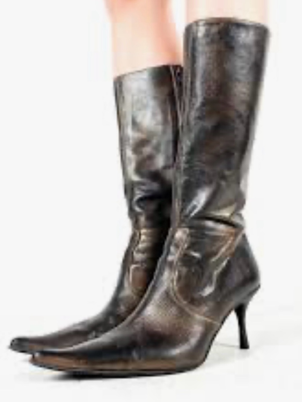 Vintage Kenneth Cole Women's Metallic Brown Pointed-Toe Mid-Calf Heeled Boots